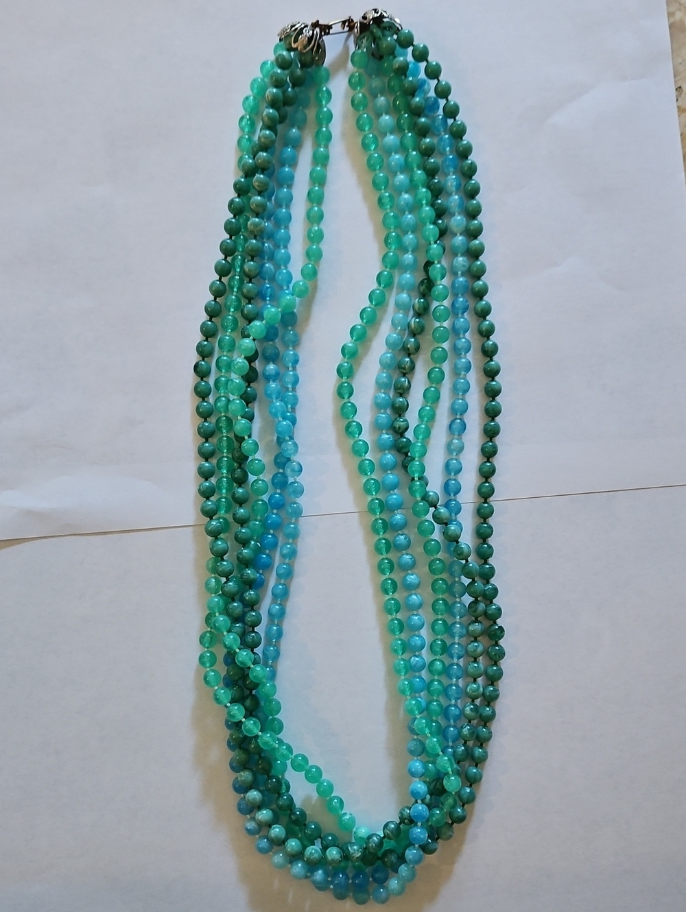 Plastic Lucite Multistrand Beaded Necklace Blue Green Vintage Multi Strand Beads